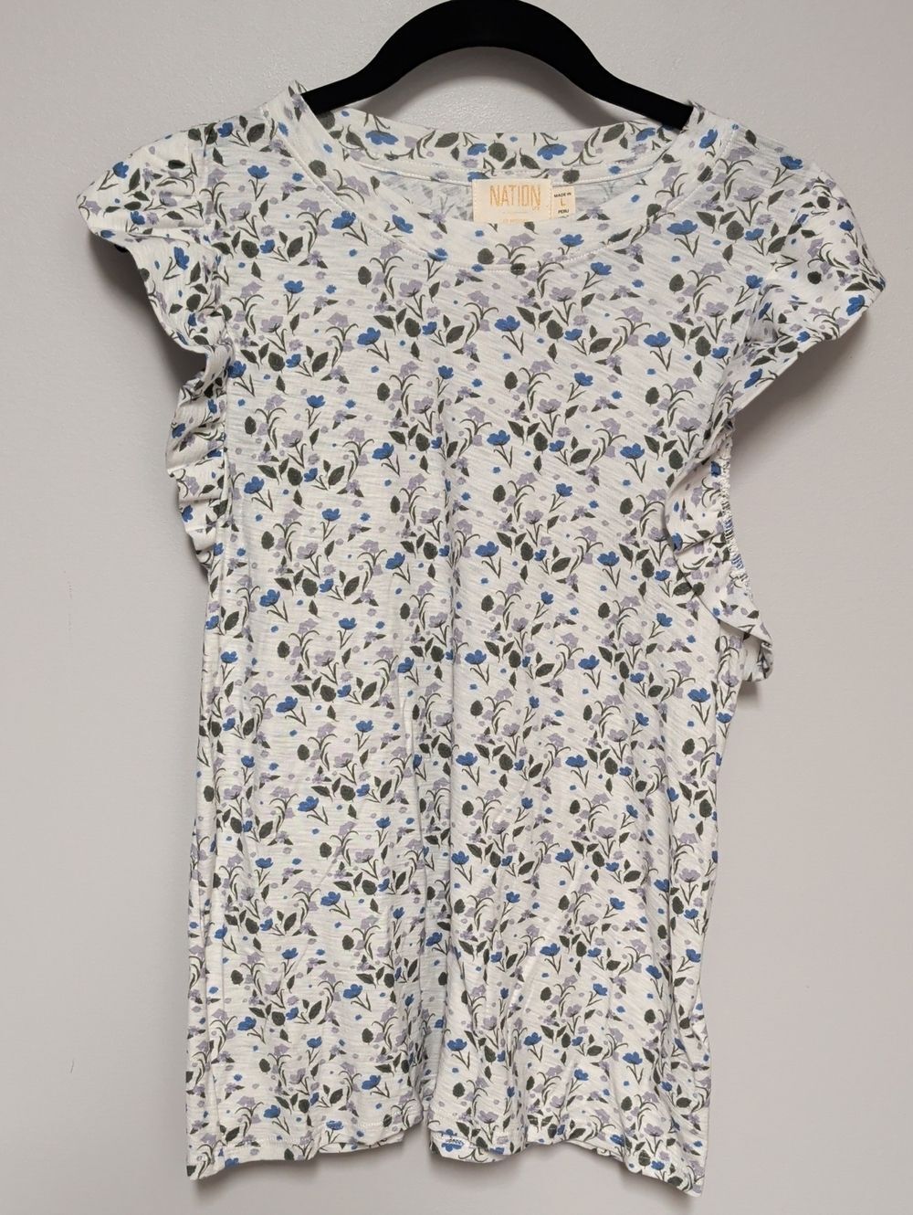 Nation LTD White Floral Ruffle Sleeve Tee with Blue Accents
